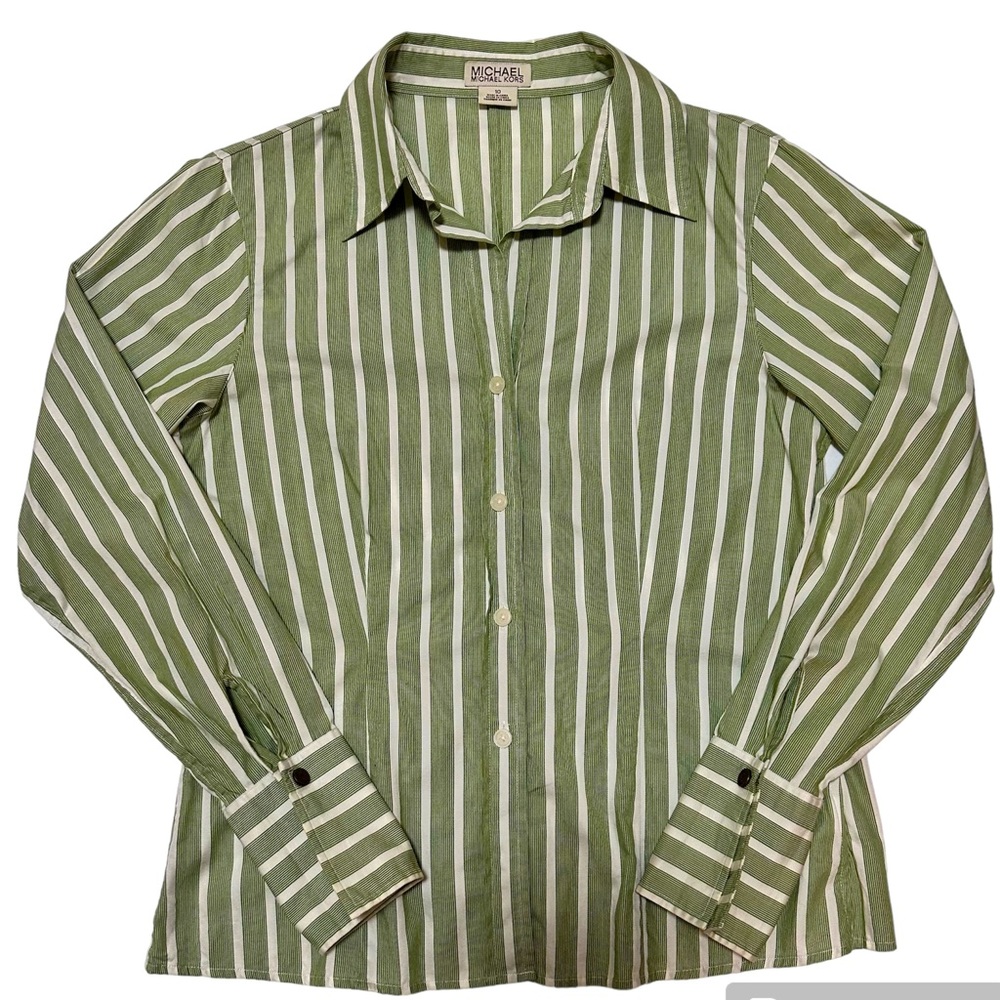 MICHAEL Michael Kors Women’s White & Green Striped Button Down Shirt SZ 10
